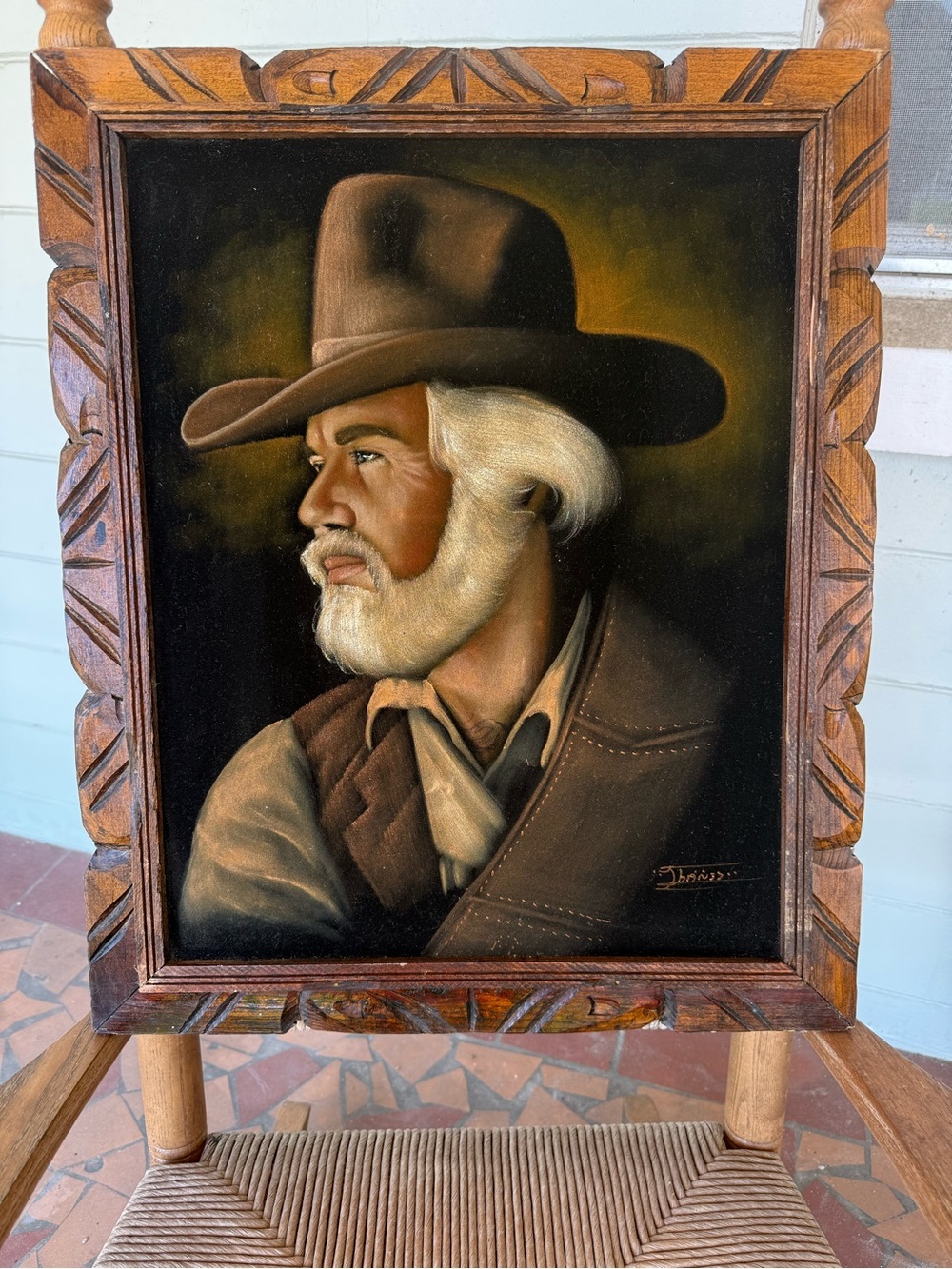 1970s Western Kenny Rogers Portrait Oil Painting in Brown and Cream